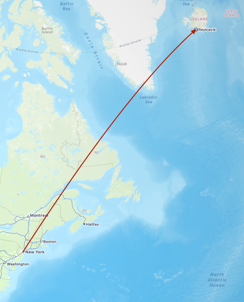 Map showing route from NYC to Reykjavik. 