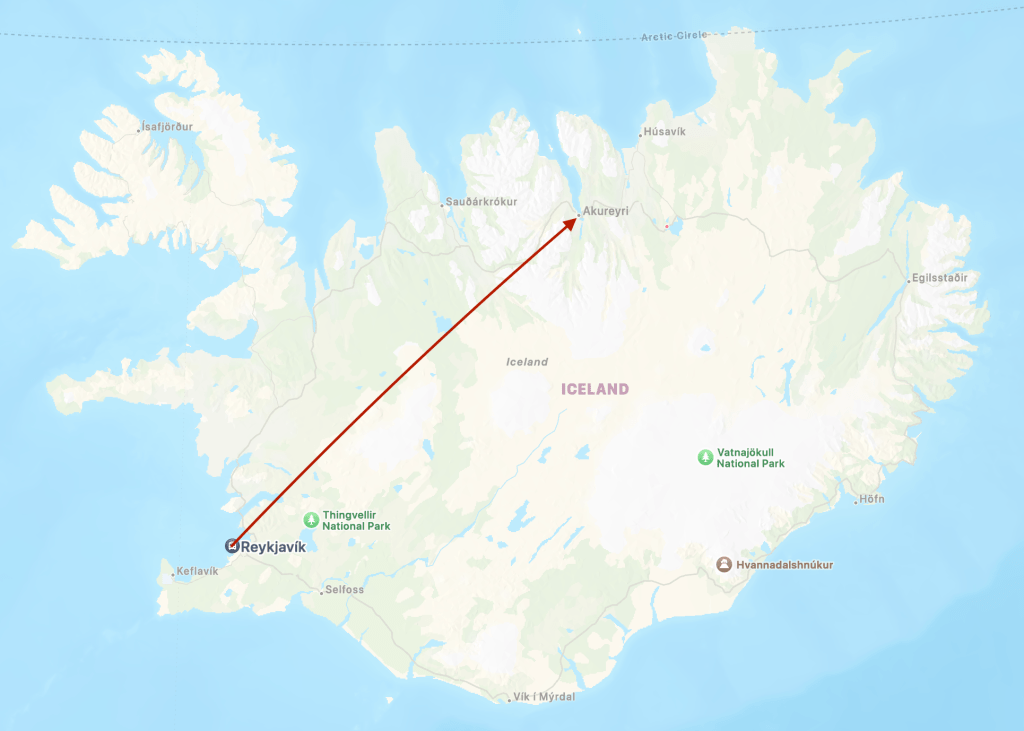 Map showing route from Reykjavic to Akureyri.