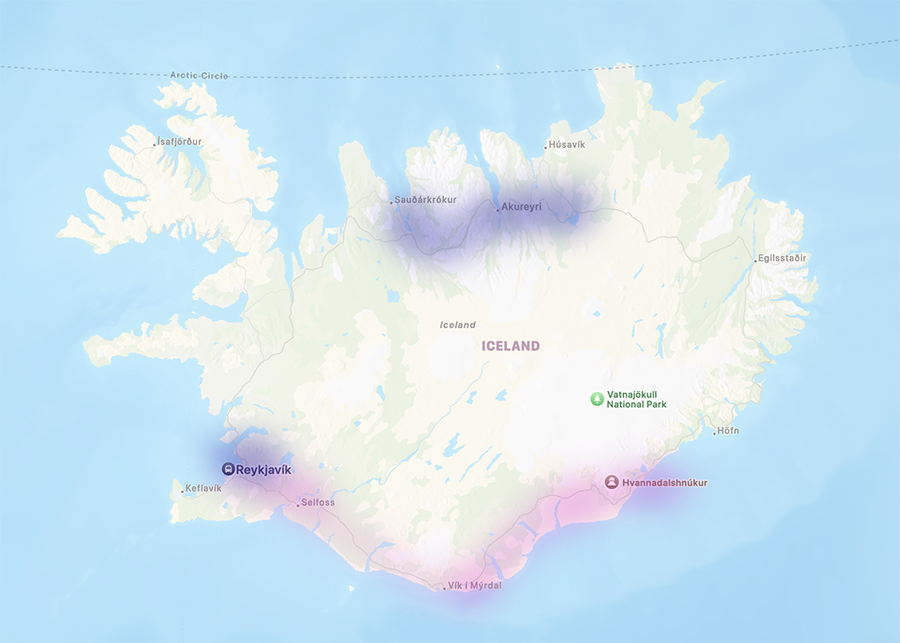 Picture of Iceland showing past and current trip areas of travel.